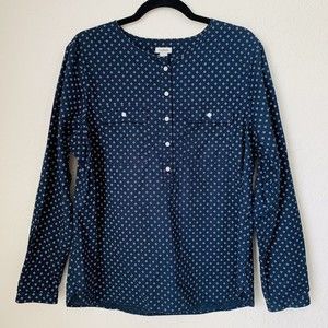 LL BEAN Shirt Womens L Button Up Blouse Navy Blue Top Long Sleeve Career Office
